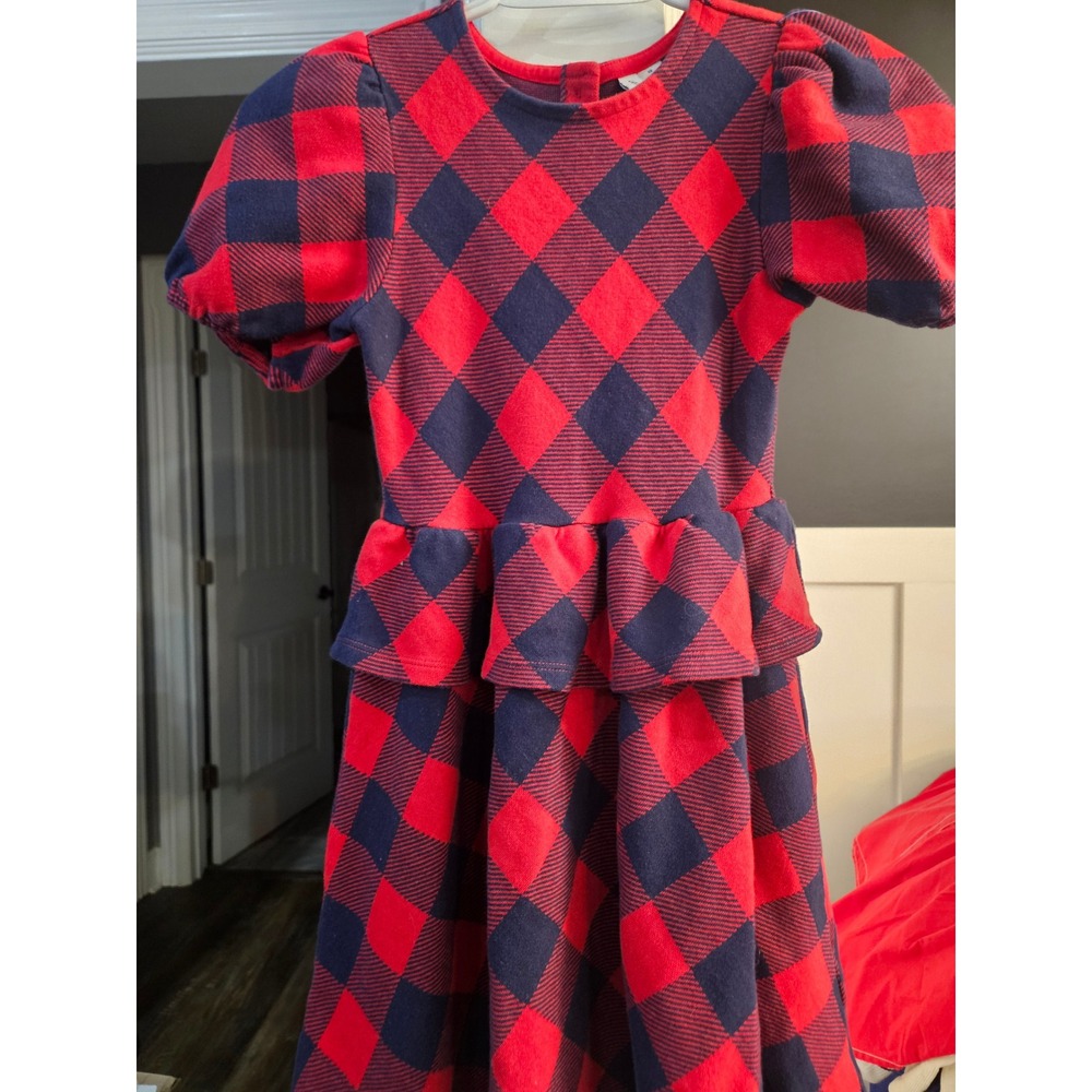 Janie and Jack Girls Red Navy Diamond Check Peplum Puff Sleeve Dress Size 10